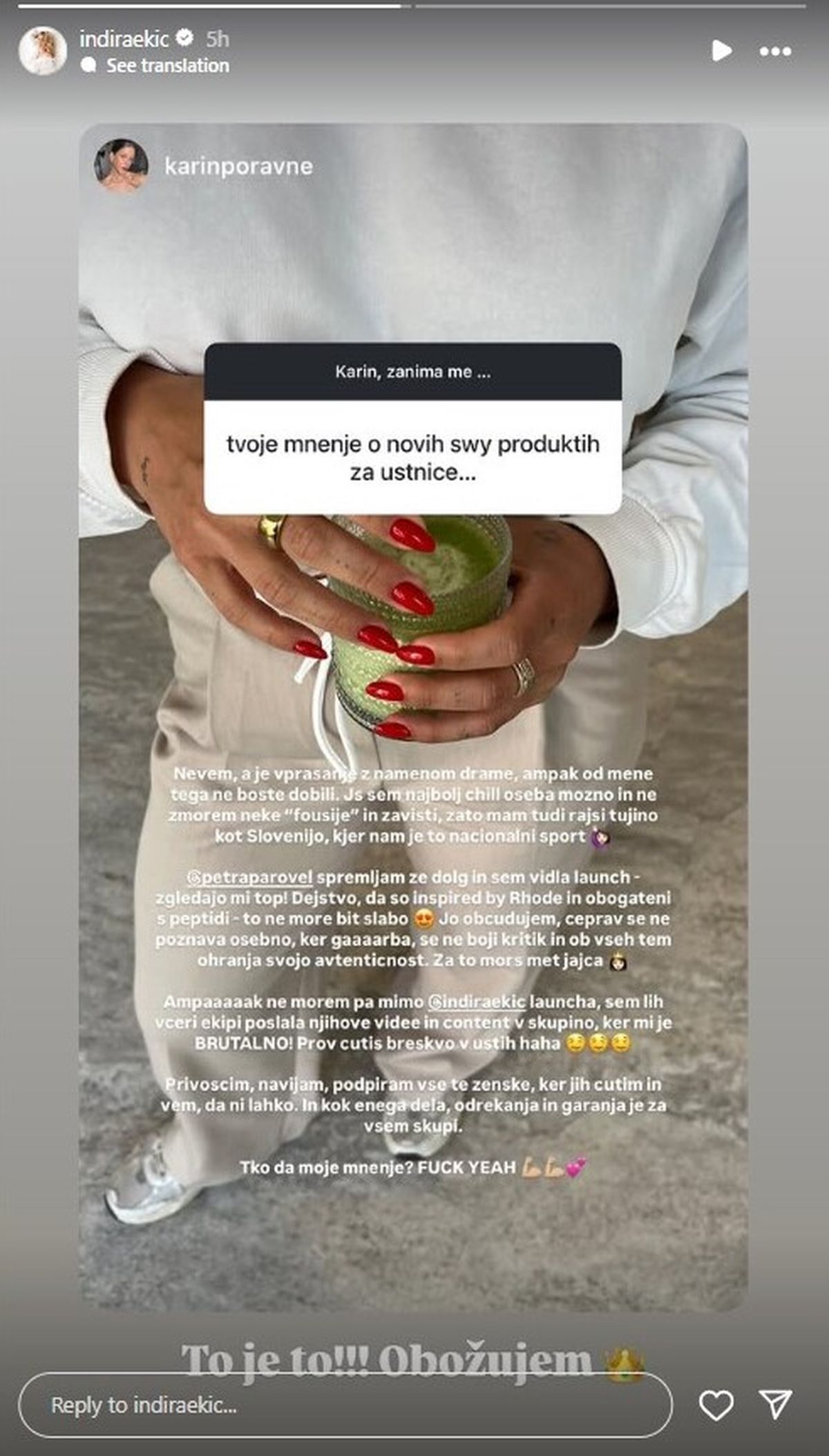 Indira Ekić, Instagram zgodba, sporočilo, 