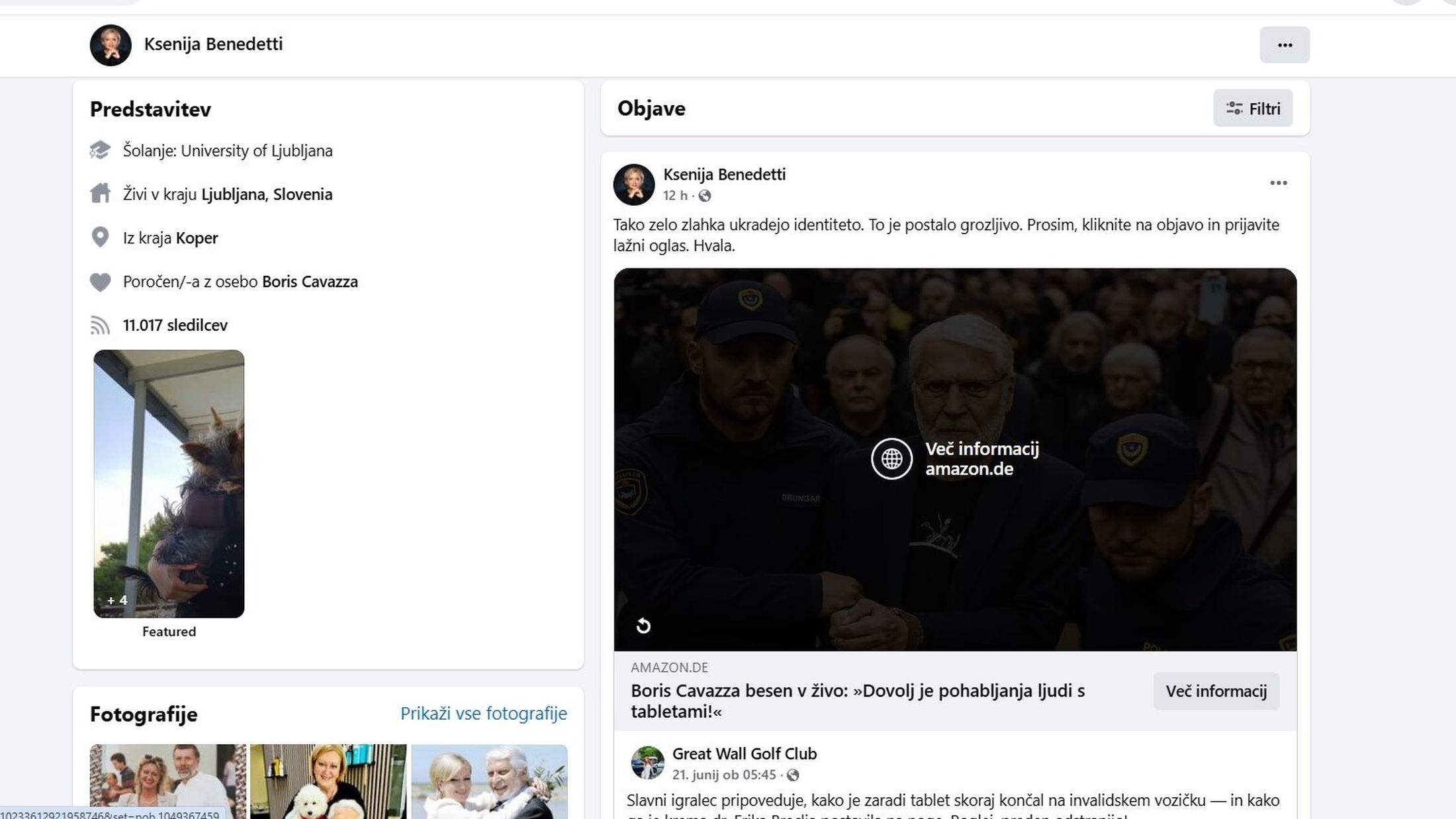 Ksenija Benedetti, Facebook, prevara, sporočilo, 