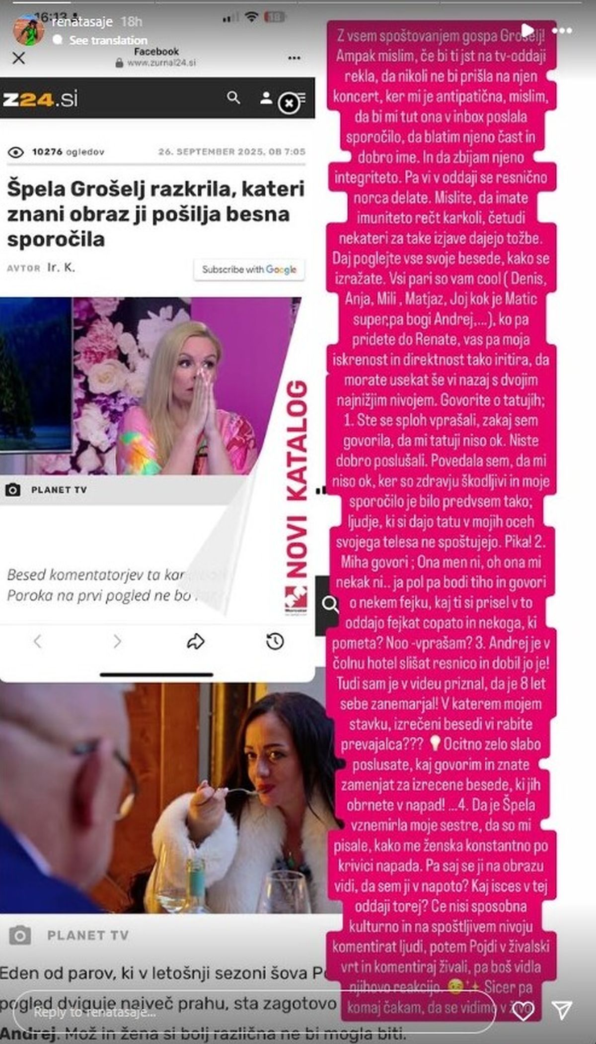 instagram Renata Saje, Instagram, sporočilo,