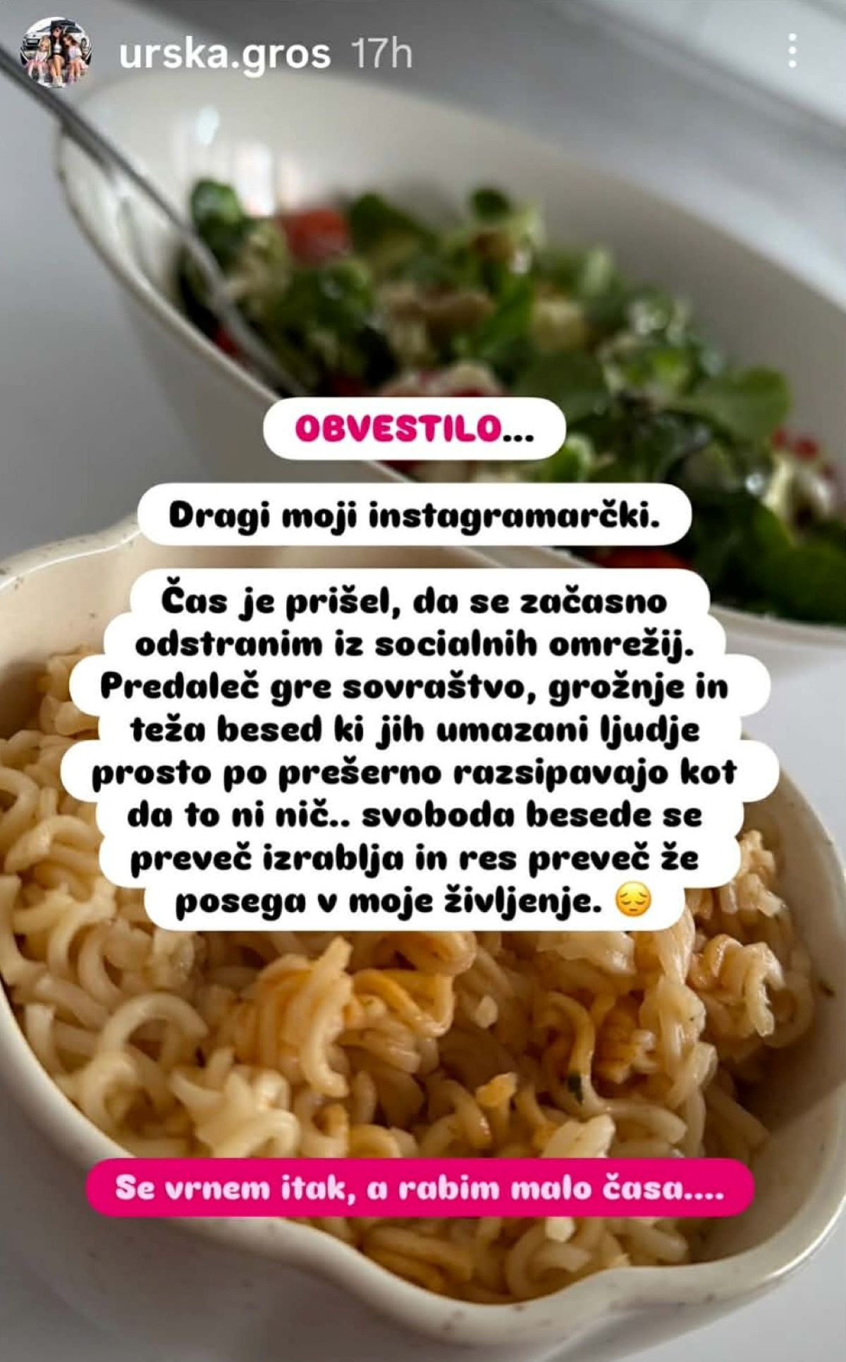 Urška, Instagram, sporočilo, 