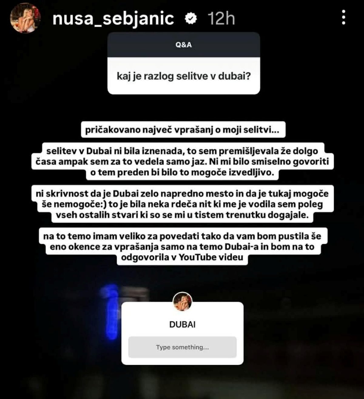 sporočilo Nuše na Instagramu